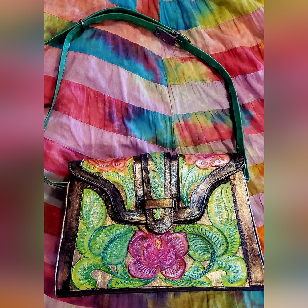 Metallic, multi color, floral, hand painted by me vintage Mexican embossed purse